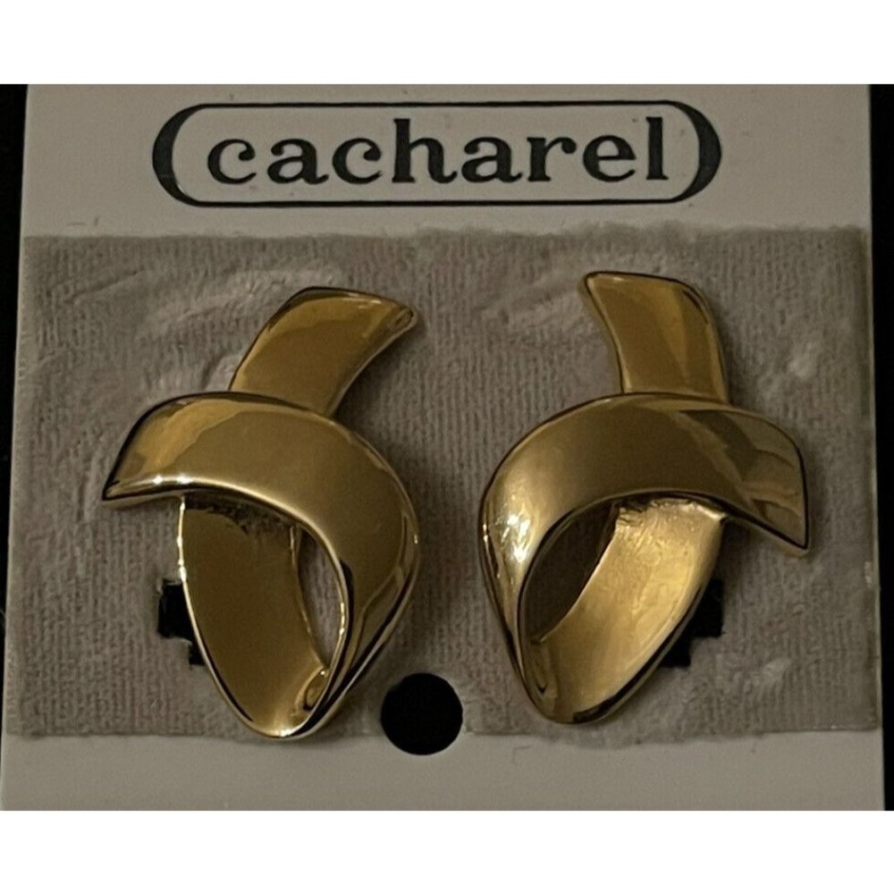CACHAREL Gold Earrings Ribbon Twist DESIGNER CLIP ON New Vintage NOS Signed